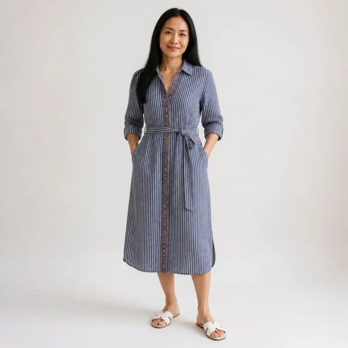 Woman in a striped linen shirt dress with a block-printed placket