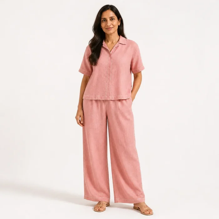Woman in a blush linen co-ord with kantha-stitched edges
