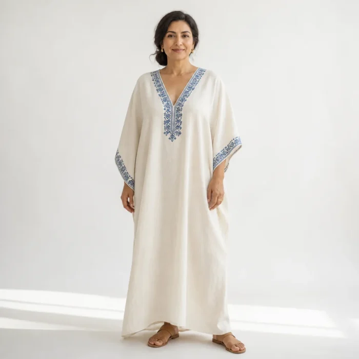 Woman in an ivory linen kaftan with an indigo block-printed neckline