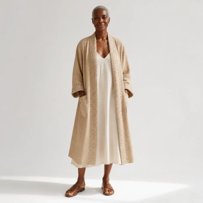 Woman in a longline sand linen kimono with kantha-stitched edges