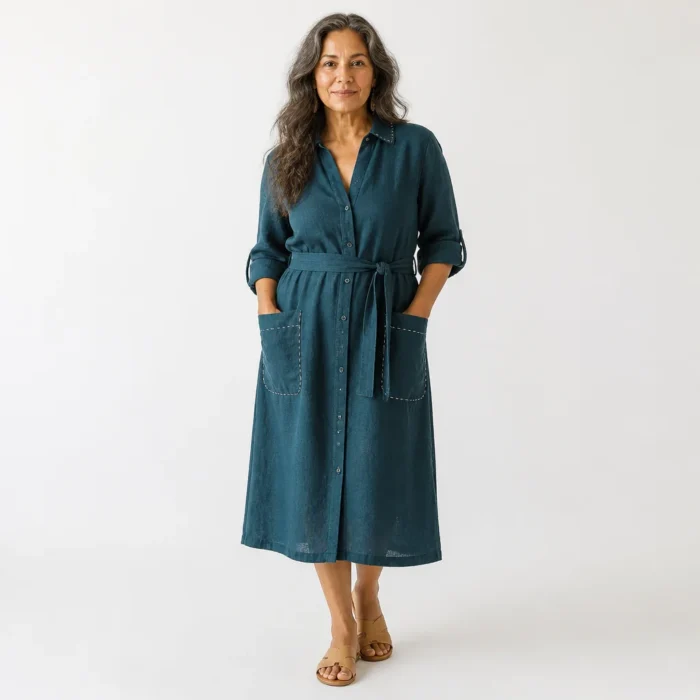 Woman in a deep teal linen belted shirt dress with kantha-stitched pockets